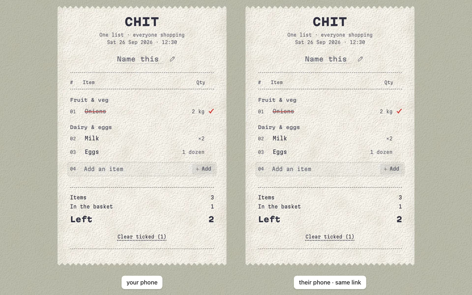 The same receipt on two phones, onions crossed off in red pen on both