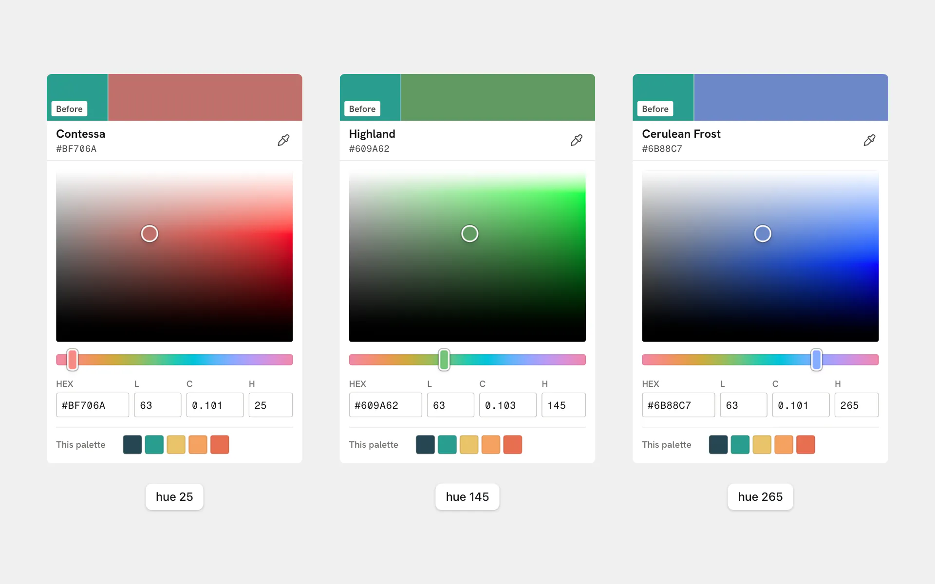 Fandeck's picker at hues 25, 145 and 265, each lightness by chroma square filled edge to edge