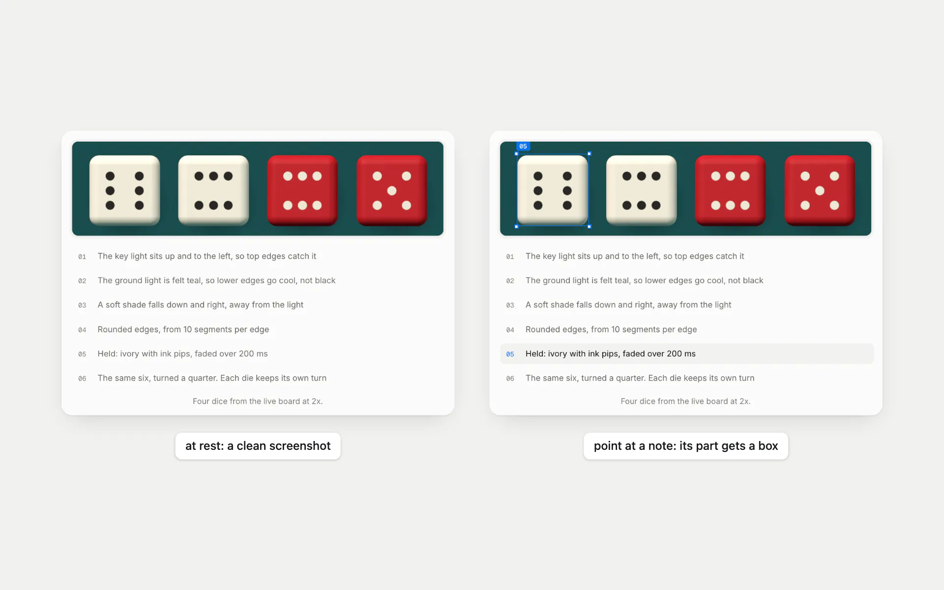 The same screenshot of four dice twice: at rest with its list of notes, and with one note highlighted and a blue selection box round the held die it describes