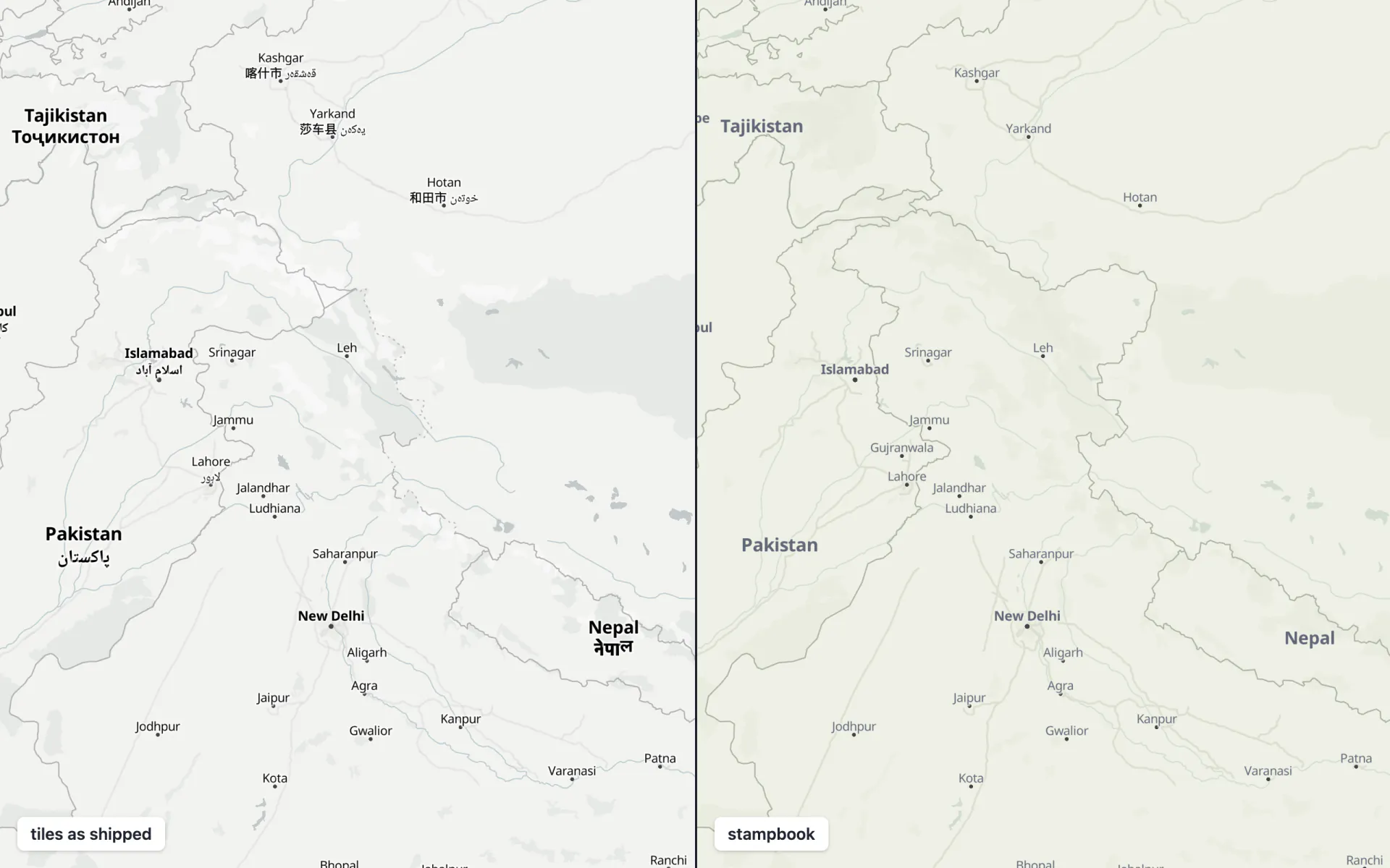 The same map of north India twice: on the left the tiles as shipped, with Kashmir split by dashed lines; on the right Stampbook, with India's full border