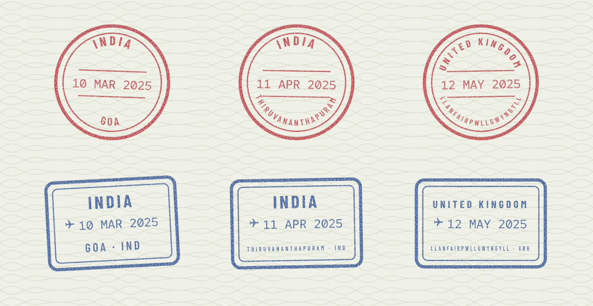 Round red and boxed blue stamps for Goa, Thiruvananthapuram and Llanfairpwllgwyngyll, the longer names set smaller and tighter